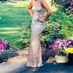 Aqua V Neck Sequin Gown - Perfect for Prom or formal.